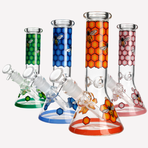 Bright Colour Honey Comb and Bee Design Glass Bong 8"