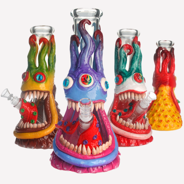 Colourful Multi-Eye Monster 3D Hand Painted Glow in the Dark Glass Bong 12"