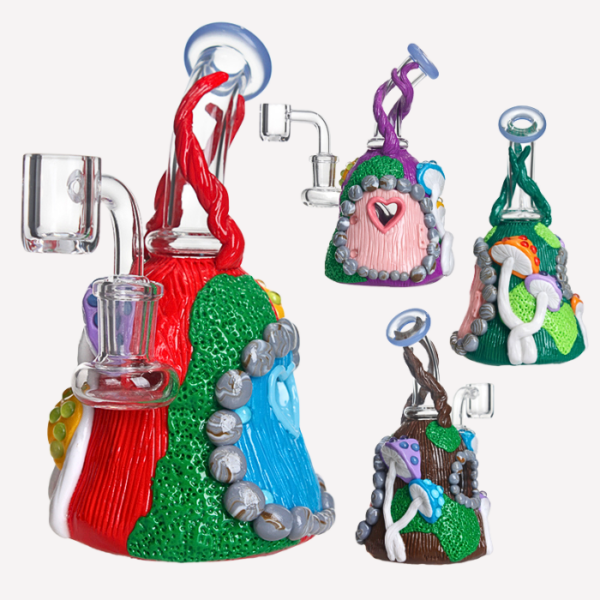 Colourful Heart Mushroom House 3D Hand Painted Glass Dab Rig 7"